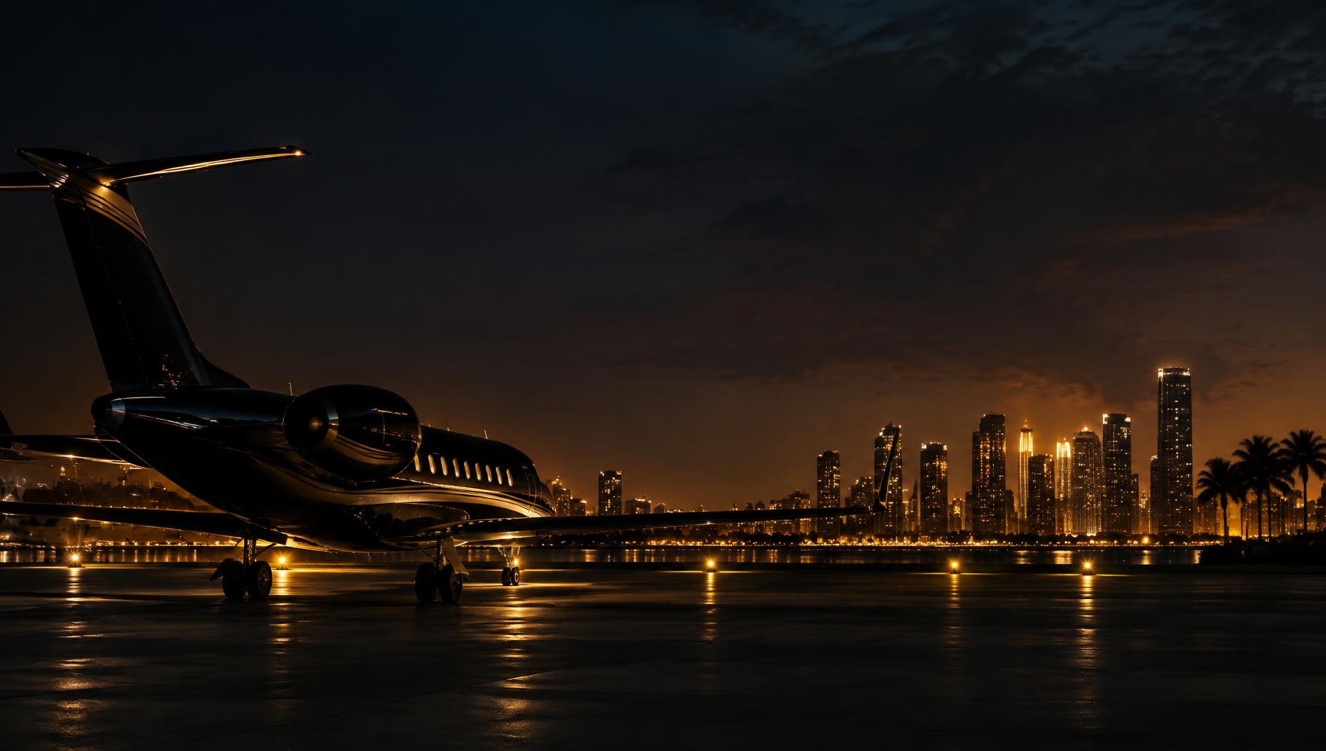 Private jet at night with the Miami skyline